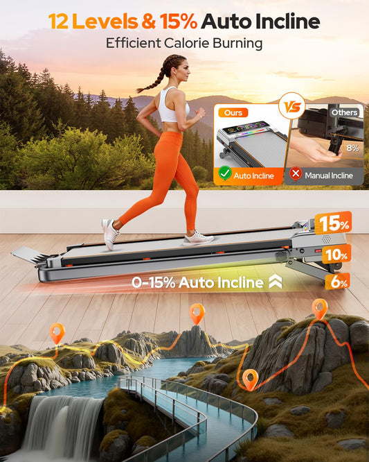 Walking Pad Treadmill with 15% Auto Incline, Handle Bar & Bluetooth Speaker - 450LBS
