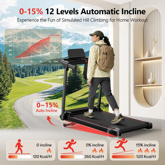 Foldable Walking Pad Treadmill with 15% Auto Incline & 350LBS Capacity