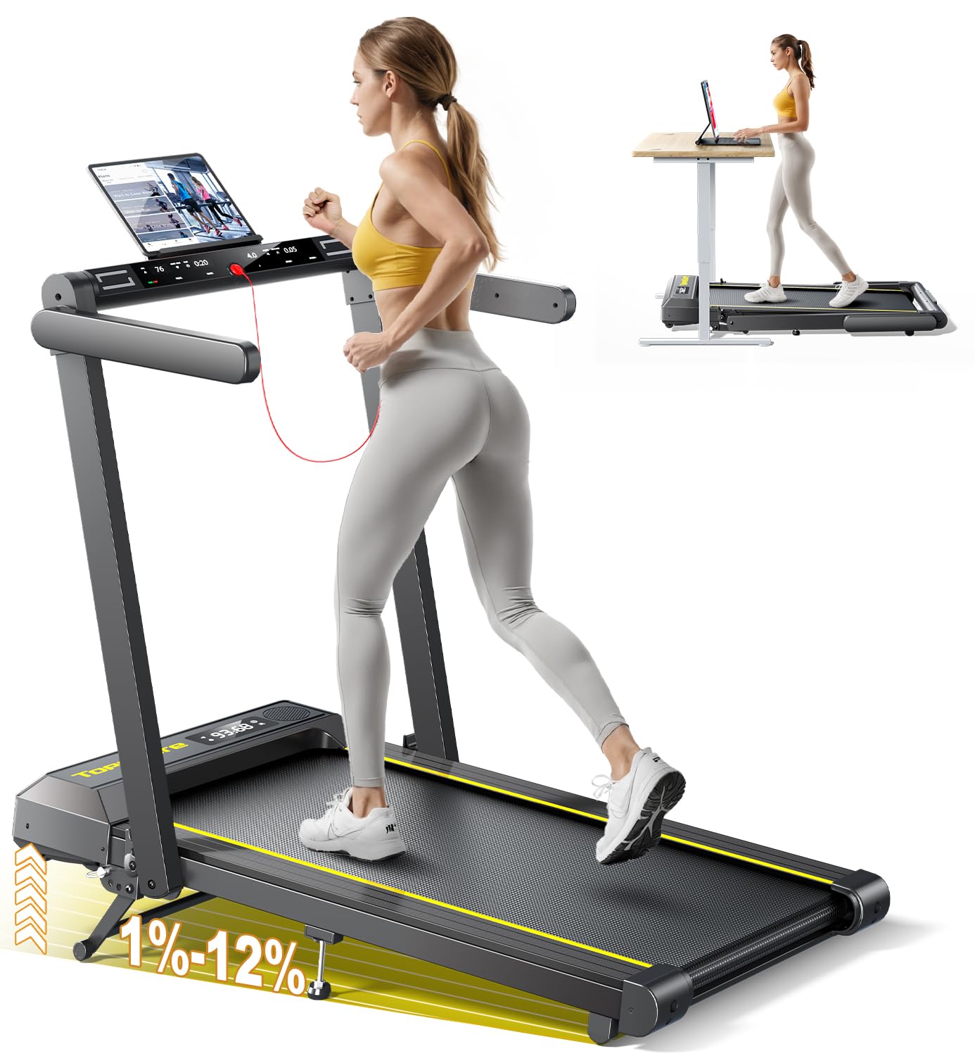 TOPUTURE 4 in 1 Folding Walking Pad Treadmill with 12% Incline & Bluetooth Speaker