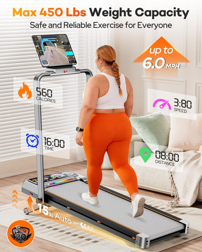 Walking Pad Treadmill with 15% Auto Incline, Handle Bar & Bluetooth Speaker - 450LBS