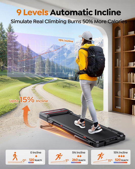 Foldable Walking Pad Treadmill with 15% Incline, Speaker & Remote Control - Red
