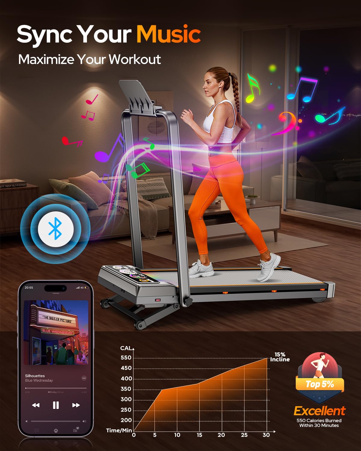 Walking Pad Treadmill with 15% Auto Incline, Handle Bar & Bluetooth Speaker - 450LBS