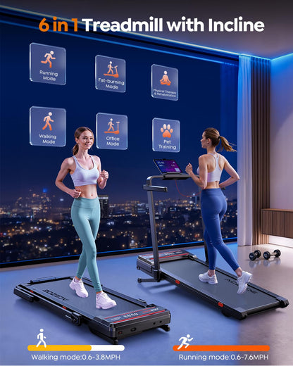 Foldable Walking Pad Treadmill with 15% Incline, Speaker & Remote Control - Red