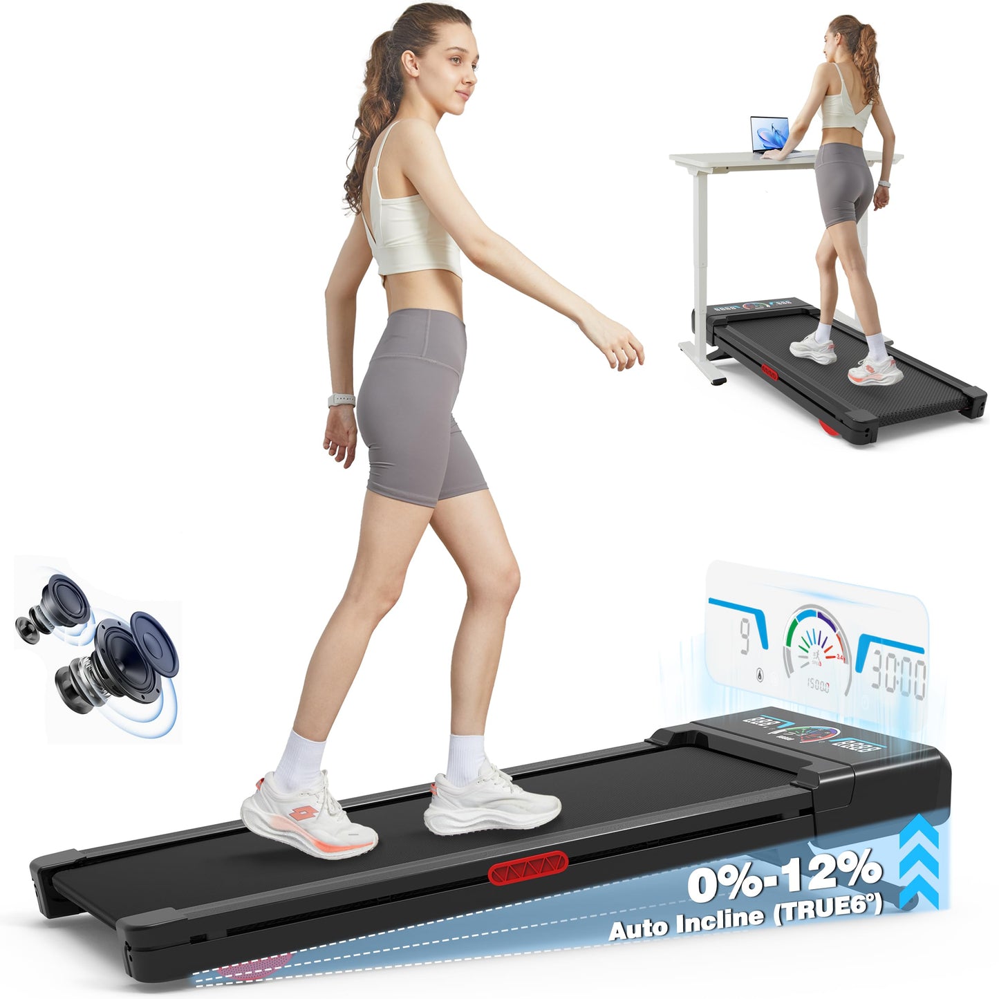 TRAILVIBER Walking Pad Treadmill with 12% Incline, LED Screen & Bluetooth Speaker
