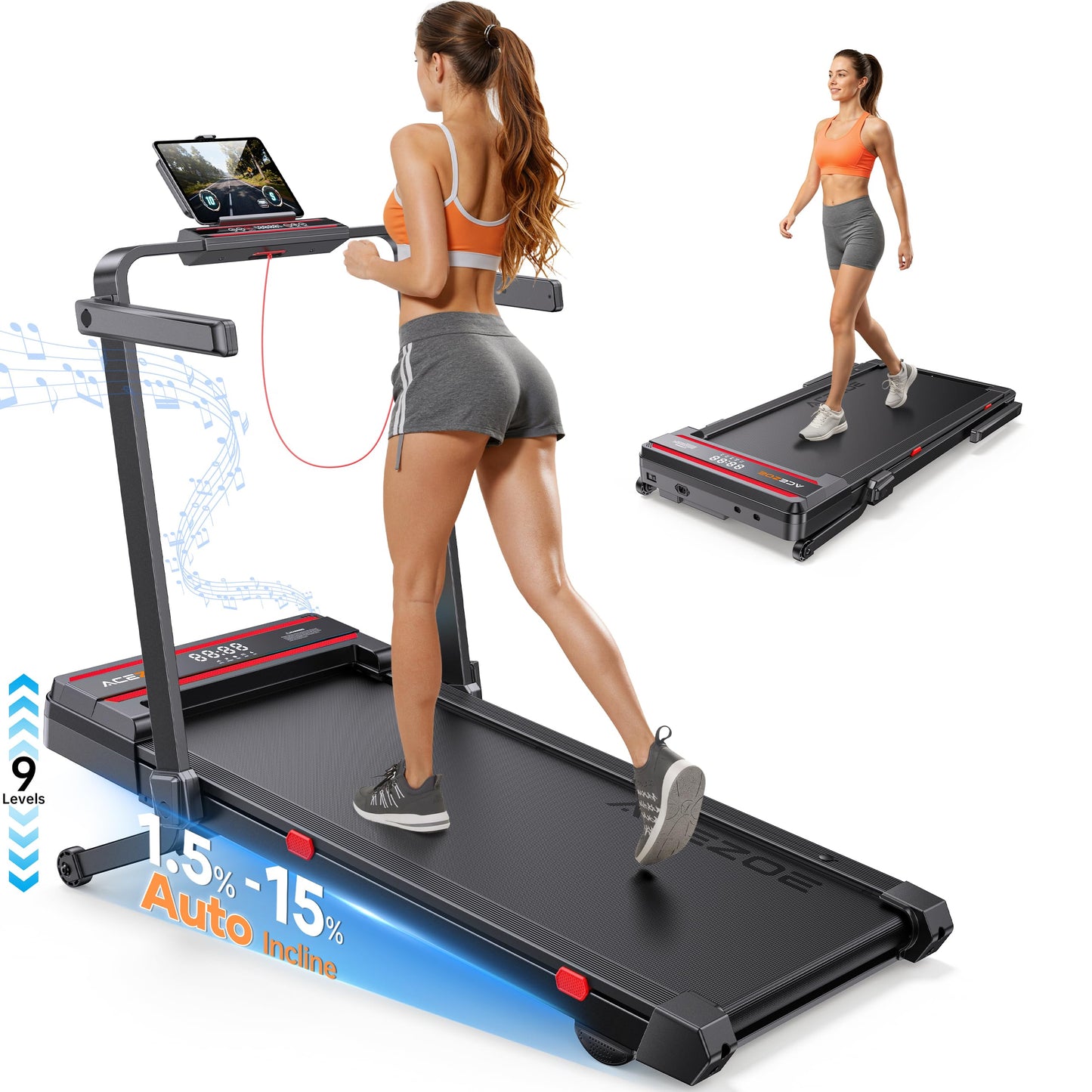 Foldable Walking Pad Treadmill with 15% Incline, Speaker & Remote Control - Red