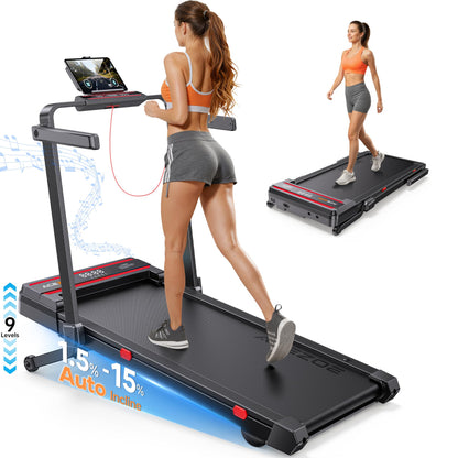Foldable Walking Pad Treadmill with 15% Incline, Speaker & Remote Control - Red