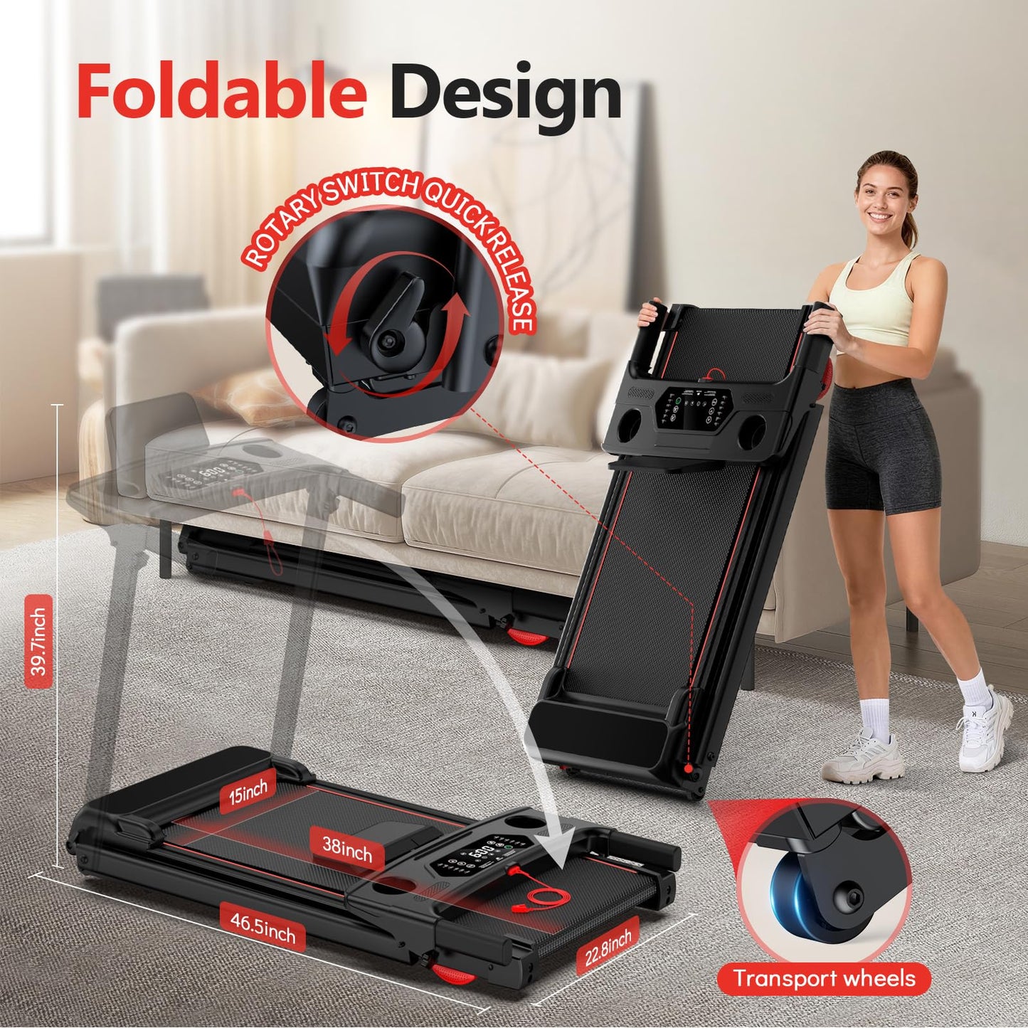 Foldable Walking Pad Treadmill with 15% Auto Incline & 350LBS Capacity