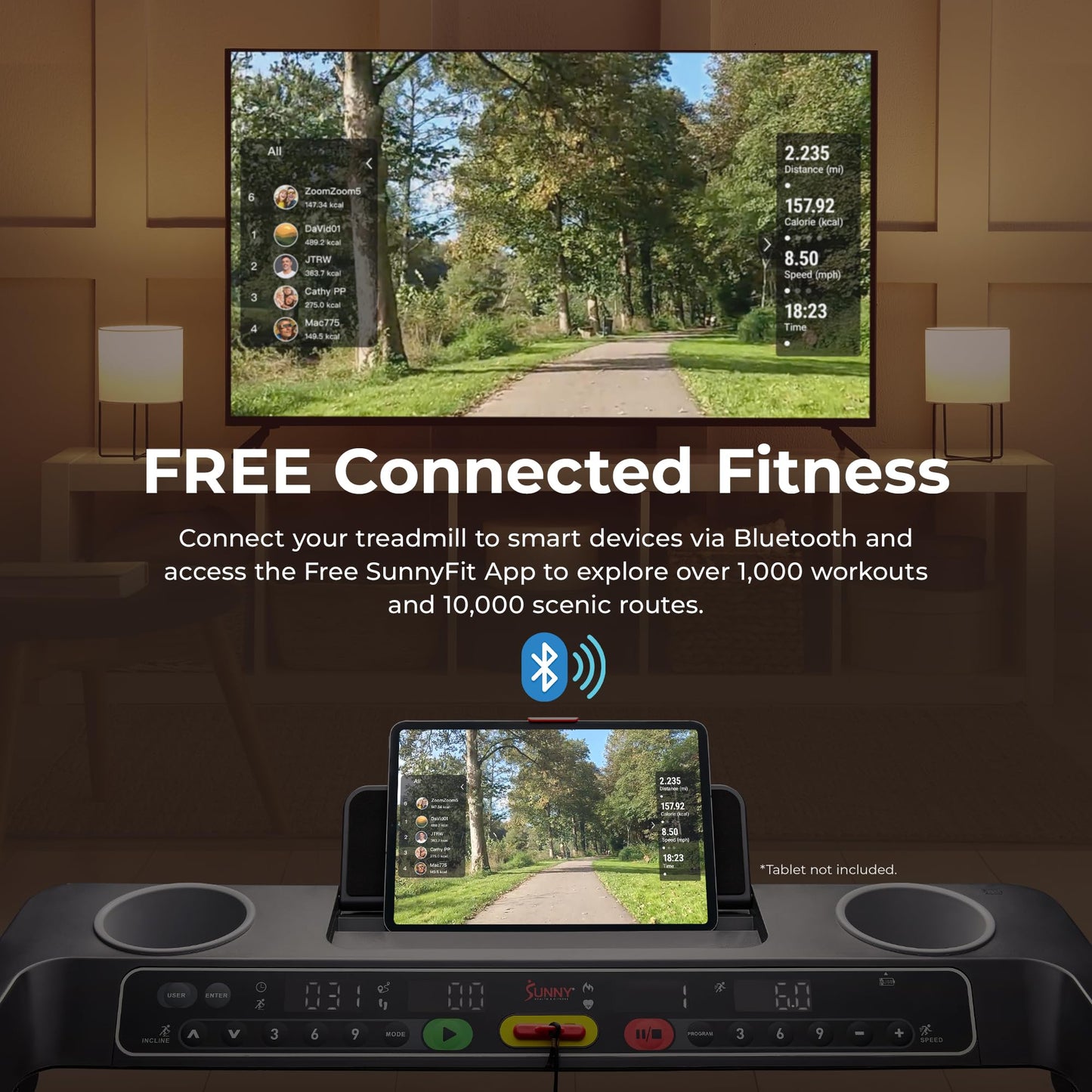 Sunny Health & Fitness Foldable Auto Incline Treadmill with Bluetooth & Wide Belt